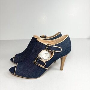 Denim Stiletto Peep Toe Ankle Booties Double Buckle Strap Cream Piping Size 8